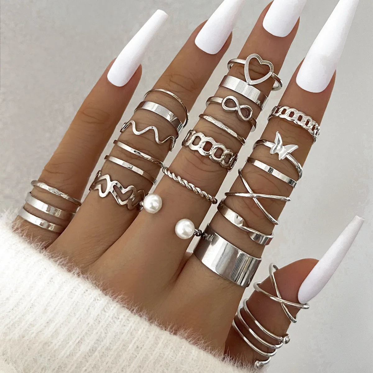 Fashion Simple Wave Joint Rings Set For Women Crystal
