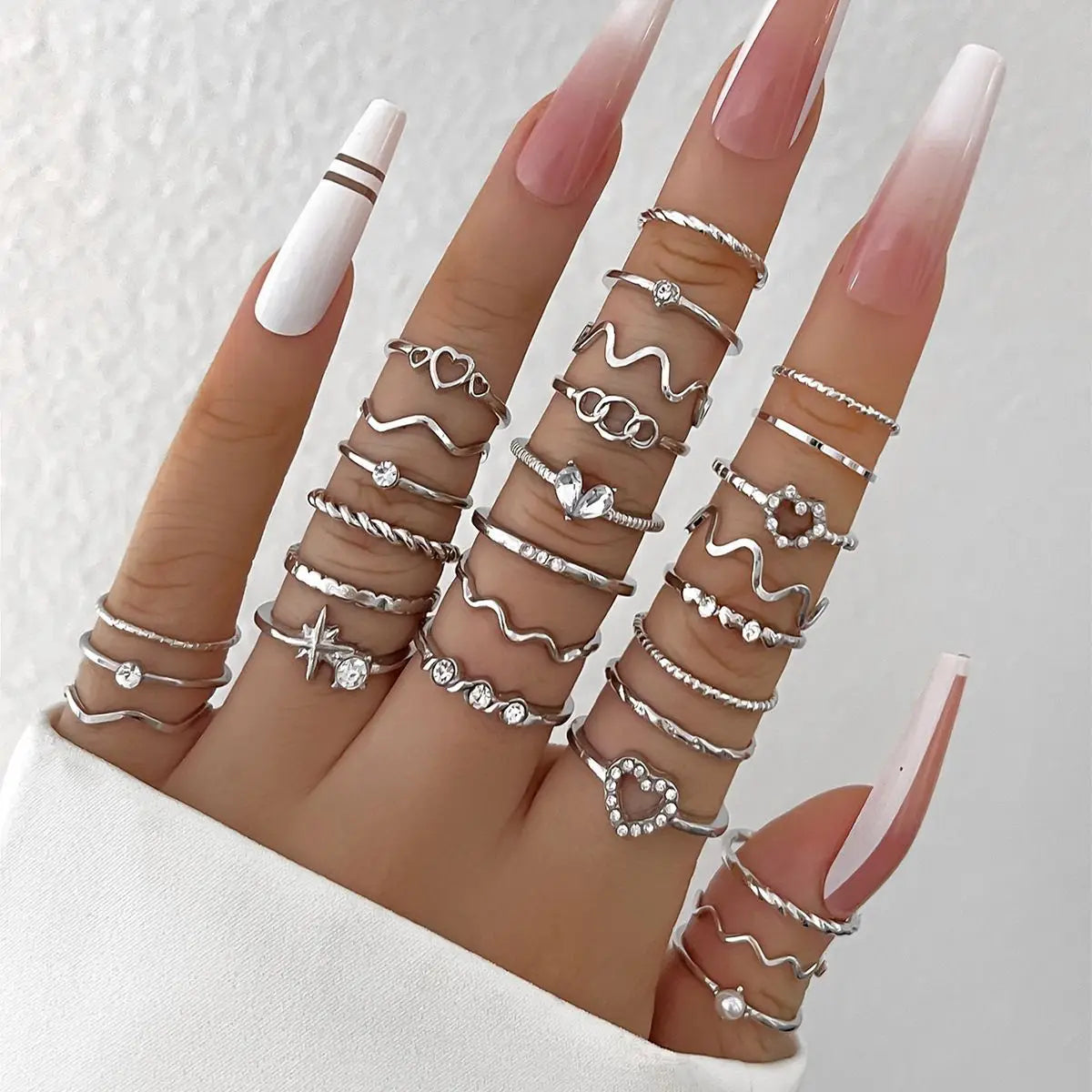 Fashion Simple Wave Joint Rings Set For Women Crystal