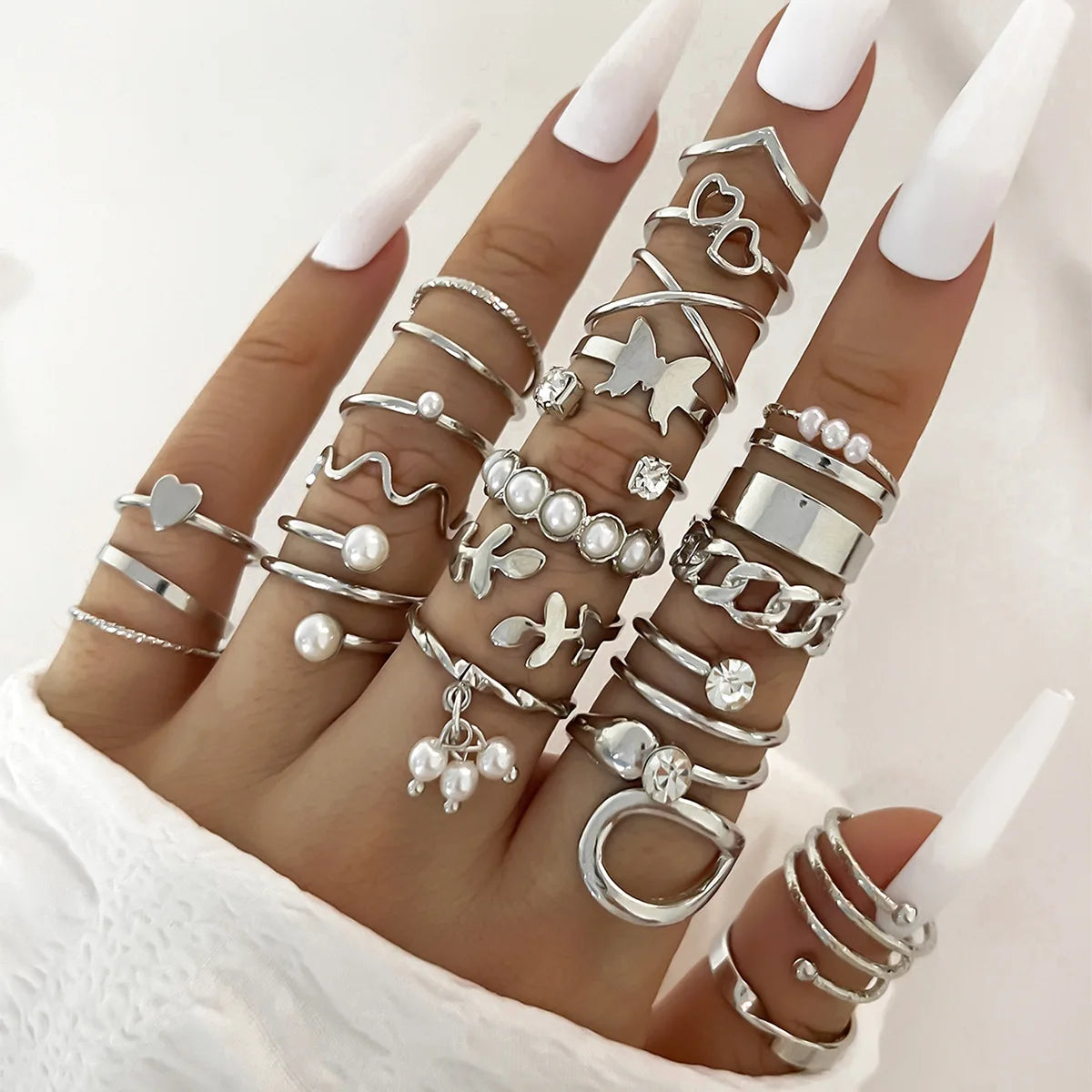 Fashion Simple Wave Joint Rings Set For Women Crystal
