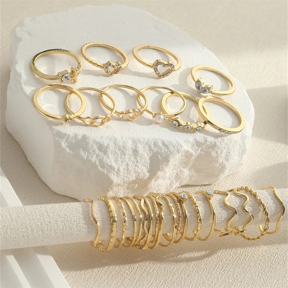 Fashion Simple Wave Joint Rings Set For Women Crystal