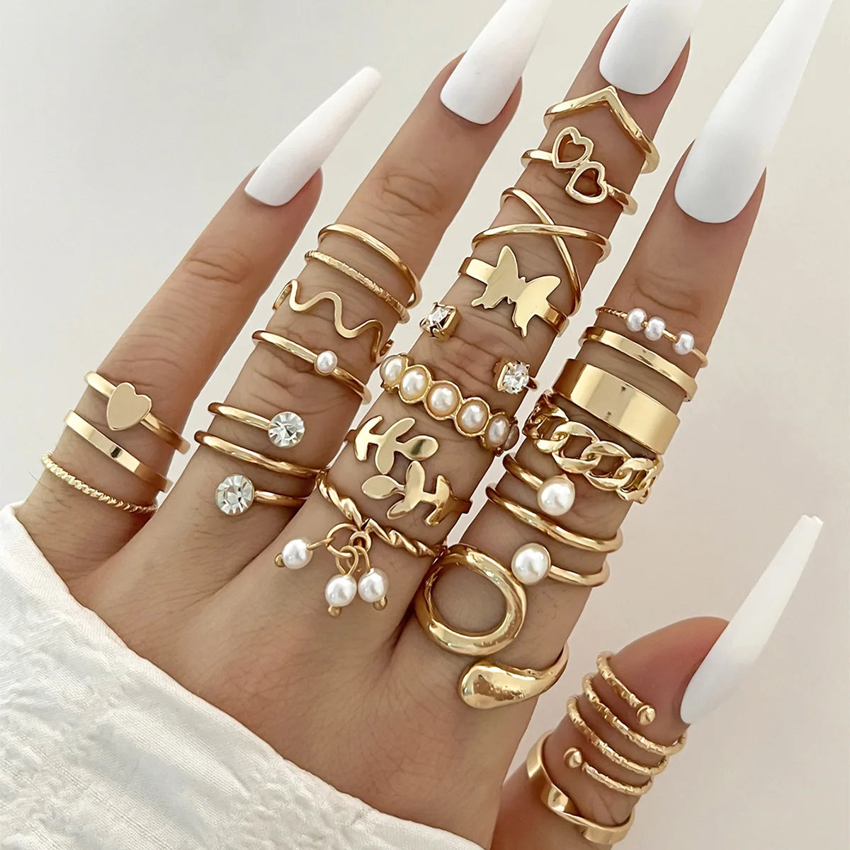 Fashion Simple Wave Joint Rings Set For Women Crystal