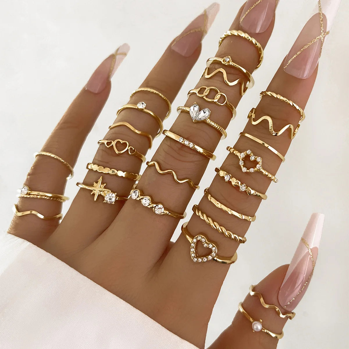 Fashion Simple Wave Joint Rings Set For Women Crystal