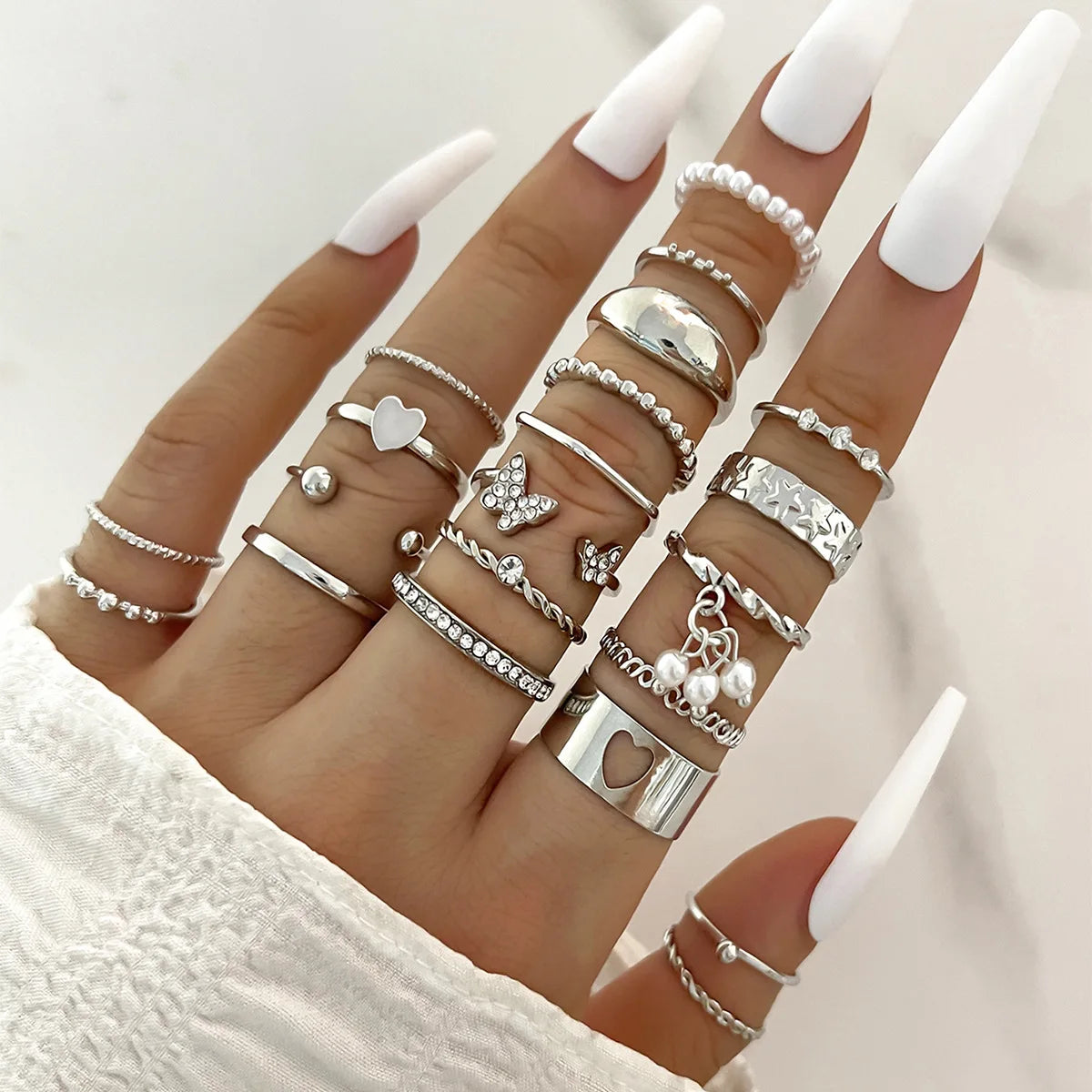 Fashion Simple Wave Joint Rings Set For Women Crystal