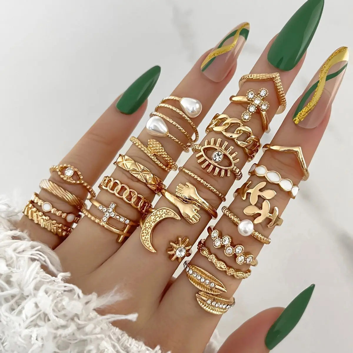 Fashion Simple Wave Joint Rings Set For Women Crystal