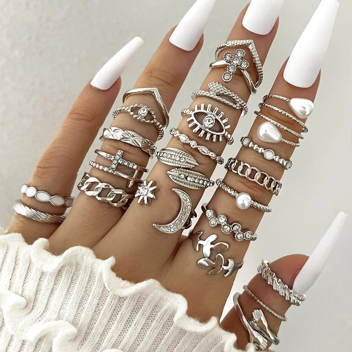 Fashion Simple Wave Joint Rings Set For Women Crystal