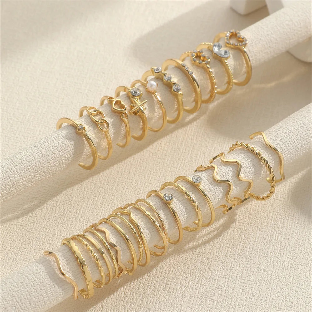 Fashion Simple Wave Joint Rings Set For Women Crystal