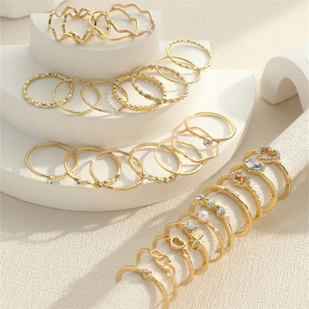 Fashion Simple Wave Joint Rings Set For Women Crystal