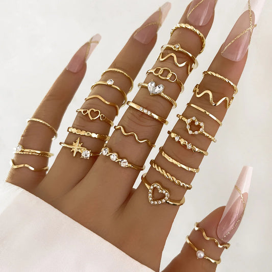 Fashion Simple Wave Joint Rings Set For Women Crystal